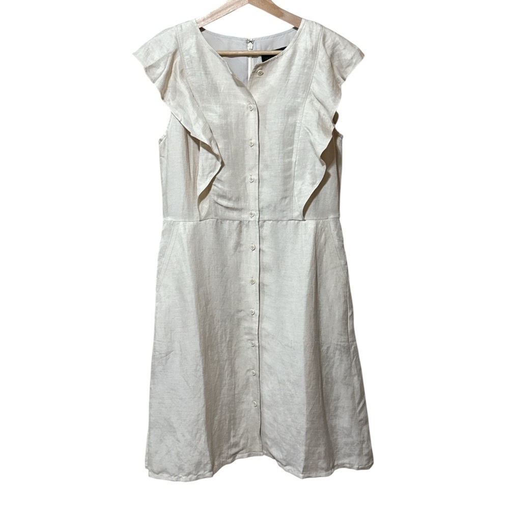 NWT - J. Crew - Ruffle-sleeve linen-cupro blend dress - Size 6 - Westhered Sand - Picture 4 of 7